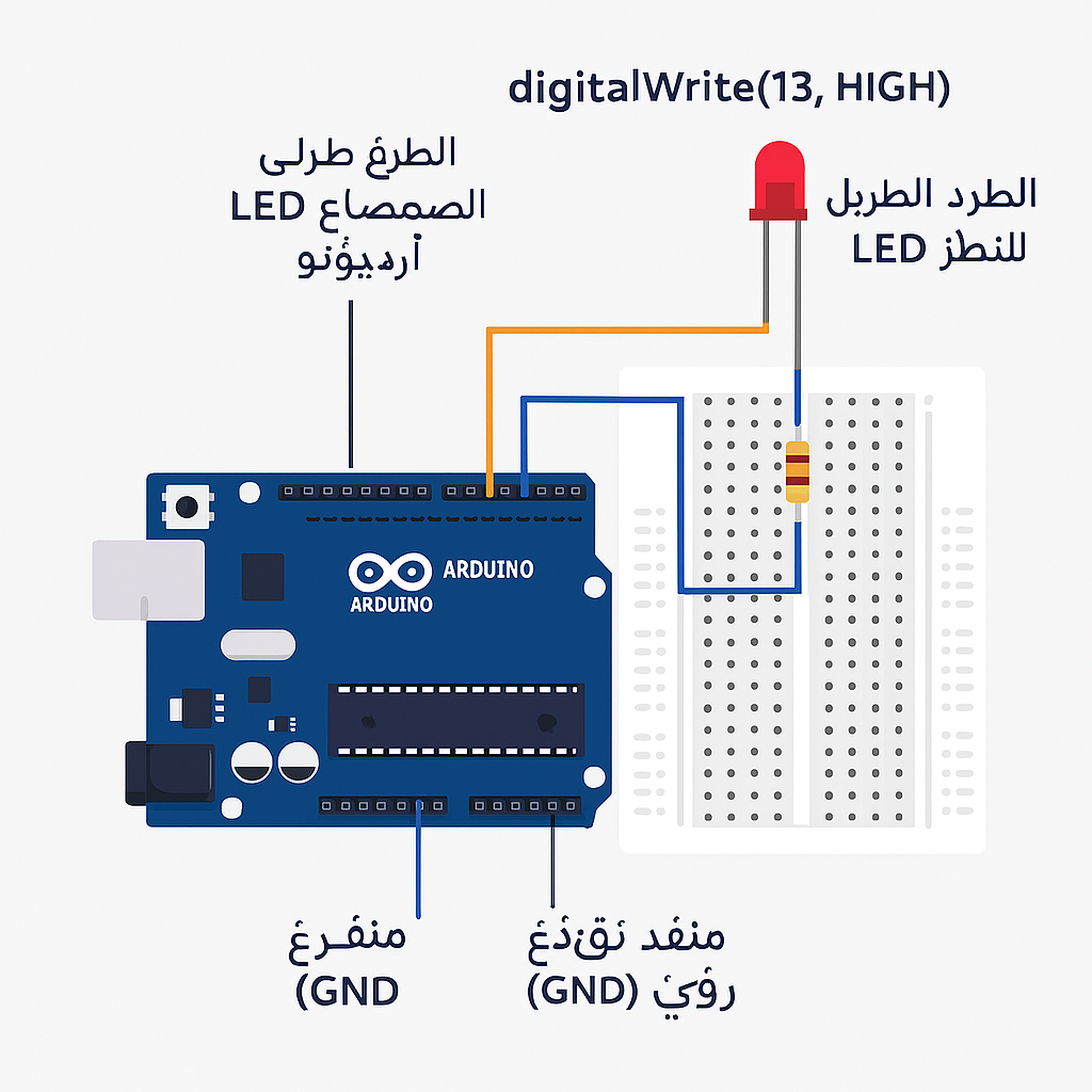 تشغيل مصباح LED باستخدام منفذ رقمي في لوحة Arduino Uno