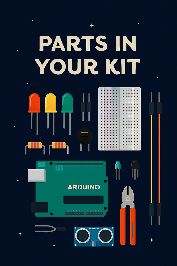 رسم تعليمي يوضح محتويات مجموعة Arduino، مثل لوحة Arduino Uno، مقاومات، أسلاك توصيل، حساسات، مصابيح LED، شاشة LCD، محركات صغيرة، لوحة تجارب، بأسلوب رمزي مبسط