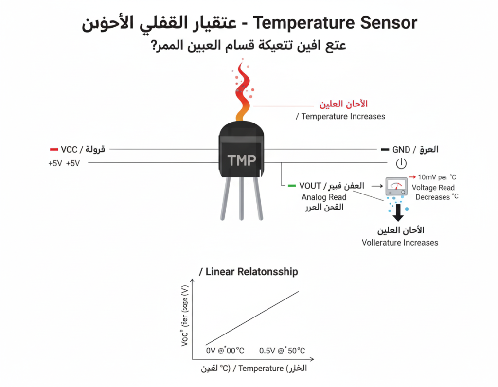 المكون الذي نتحدث عنه (والذي يشبه الترانزستورات الصغيرة بثلاثة أرجل) هو مستشعر حرارة تناظري (Analog Temperature Sensor). وظيفته الأساسية هي تحويل درجة الحرارة المحيطة به إلى جهد كهربائي يمكن قراءته بواسطة المتحكمات الدقيقة مثل الأردوينو.