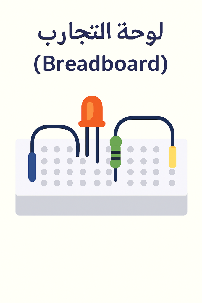 يُظهر لوحة التجارب (Breadboard) بشكل مبسط وواضح، مع صفوف الثقوب، الأسلاك، والمكونات مثل المقاومة والـ LED. يمكنك استخدامه كجزء من وحدة تعليمية طقسية أو كعنصر بصري في Schwila.com..
