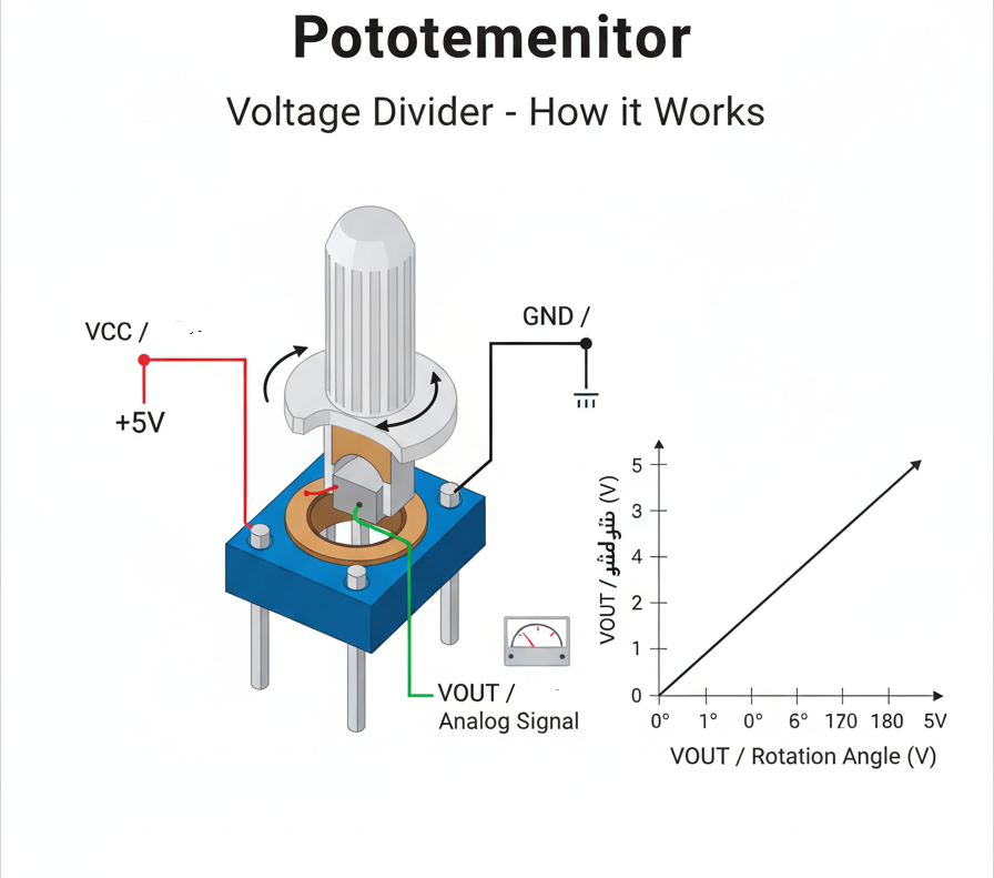 ما هو مقياس الجهد المتغير؟
هو نوع خاص من المقاومات المتغيرة (Variable Resistor)، لكن وظيفته الرئيسية ليست مقاومة التيار، بل تقسيم الجهد الكهربائي.

الشكل: يأتي عادةً على شكل قرص دوار، وله ثلاثة أرجل (Pins).

الوظيفة الأساسية: يعمل كـ مقسم جهد (Voltage Divider) في الدوائر الإلكترونية.

