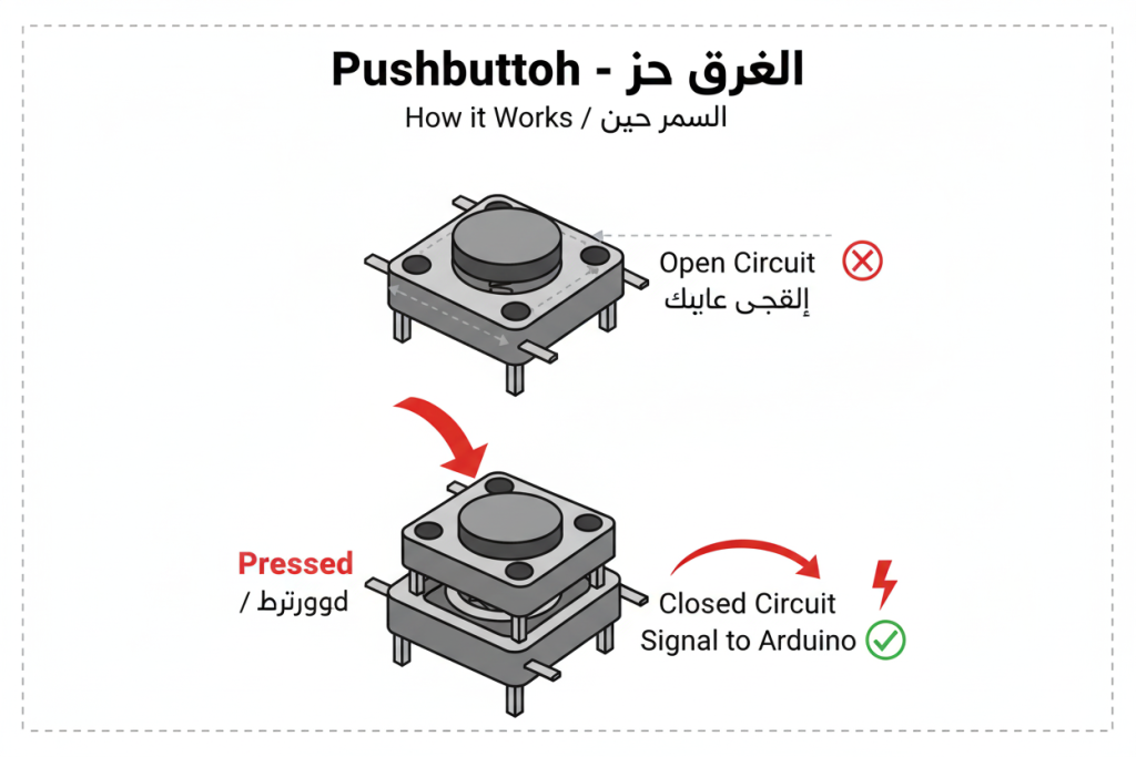 عند توصيل زر الضغط بـ الأردوينو، يجب دائماً استخدام مقاوم تخفيض (Pull-down Resistor). هذا المقاوم يضمن أن تكون قراءة الأردوينو صفراً (0) عندما لا تضغط على الزر، مما يمنع حدوث قراءات خاطئة (تُعرف بالضوضاء الكهربائية أو "Floating" Signal).