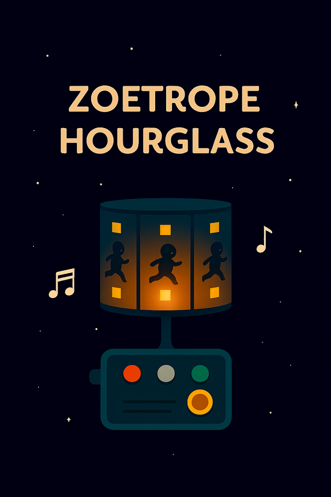 رسم تعليمي لمشروع Zoetrope باستخدام Arduino، يحتوي على أسطوانة دوارة، مصابيح LED، محرك صغير، وأسلاك توصيل، بأسلوب رمزي مبسط