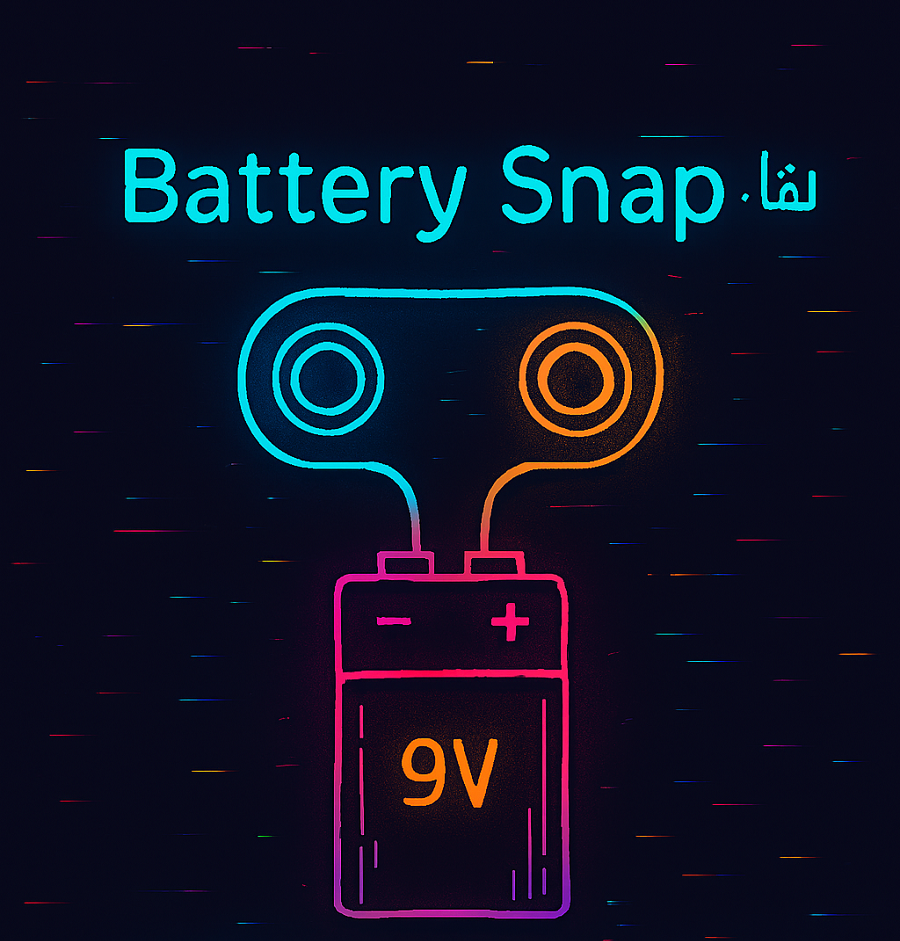 رسم توضيحي لموصل Battery Snap يُظهر كيفية توصيله ببطارية 9V، مع أسلاك الطاقة المتجهة نحو لوحة breadboard أو لوحة Arduino. يُظهر الرسم البطارية، الموصل، الأسلاك، ولوحة التجارب، بأسلوب تعليمي طقسي مع خلفية مظلمة ولمسات نيون زرقاء
