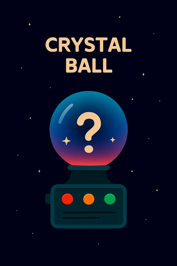 رسم تعليمي لمشروع Crystal Ball باستخدام Arduino، يحتوي على كرة زجاجية رمزية، مصابيح LED متعددة الألوان، حساس ضغط أو زر، وأسلاك توصيل، بأسلوب رمزي مبسط">