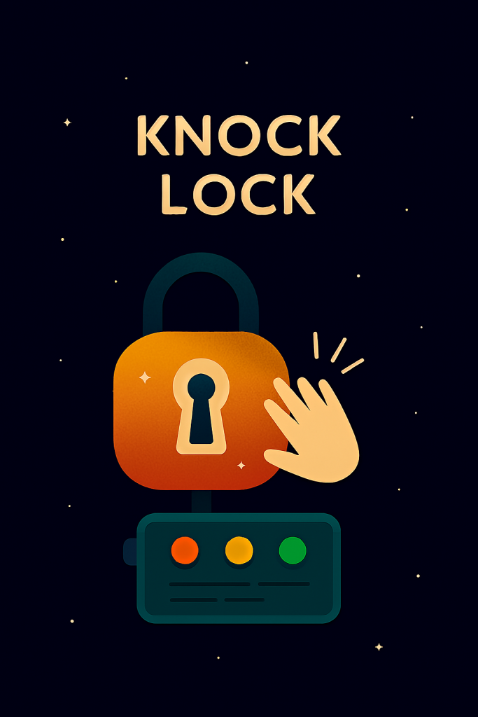 رسم تعليمي لمشروع Knock Lock باستخدام Arduino، يحتوي على حساس صوت (ميكروفون)، قفل إلكتروني أو محرك، وأسلاك توصيل، بأسلوب رمزي مبسط