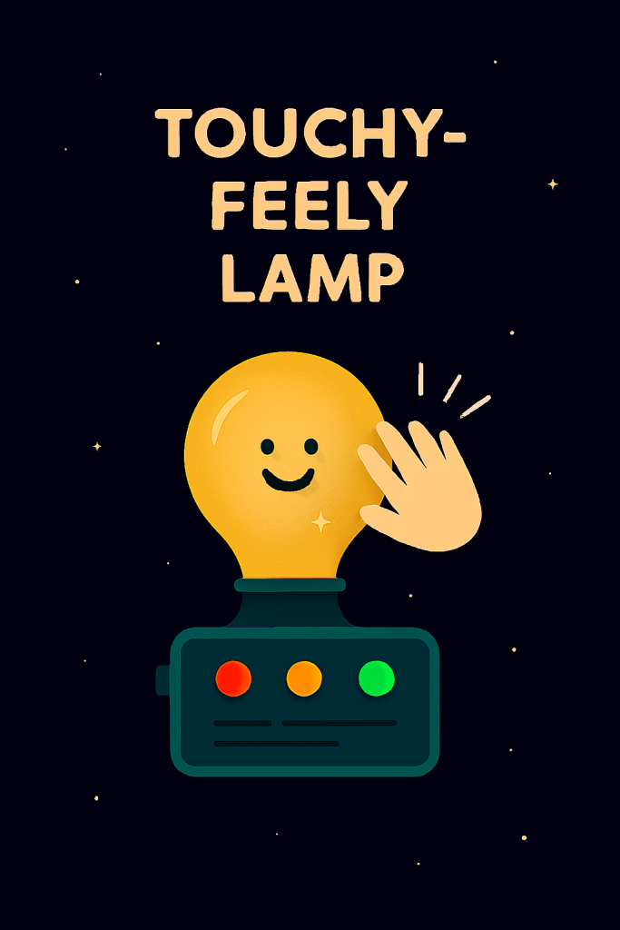 رسم تعليمي لمشروع Touchy-feely Lamp باستخدام Arduino، يحتوي على حساس لمس، مصابيح LED متعددة الألوان، وأسلاك توصيل، بأسلوب رمزي مبسط