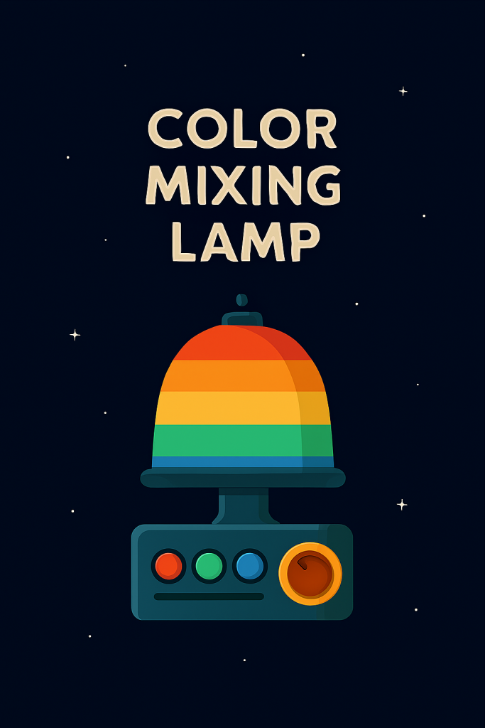 رسم تعليمي لمشروع Color Mixing Lamp باستخدام Arduino، يحتوي على مصابيح LED متعددة الألوان، أزرار للتحكم في الألوان، وأسلاك توصيل، بأسلوب رمزي مبسط">