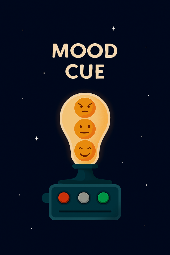 رسم تعليمي لمشروع Mood Cue باستخدام Arduino، يحتوي على مصابيح LED متعددة الألوان، حساس ضوء أو زر، وأسلاك توصيل، بأسلوب رمزي مبسط