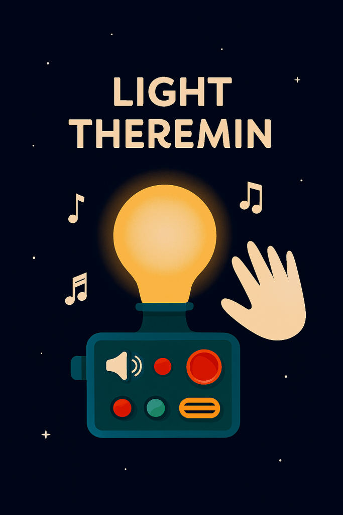 رسم تعليمي لمشروع Light Theremin باستخدام Arduino، يحتوي على حساس ضوء، Piezo Buzzer، وأسلاك توصيل، بأسلوب رمزي مبسط