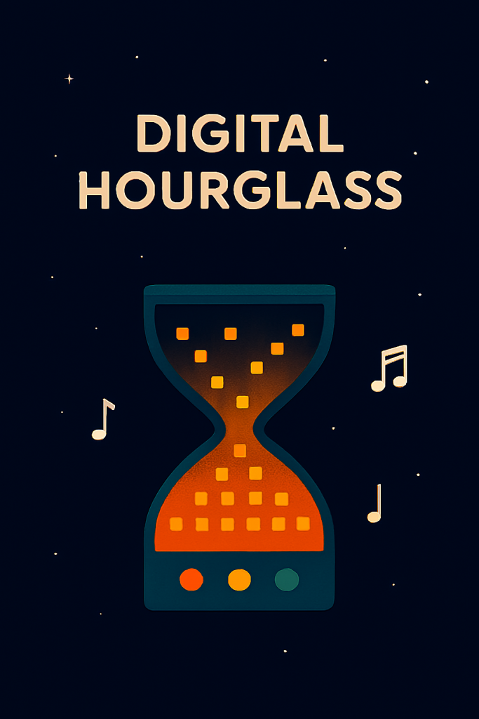 رسم تعليمي لمشروع Digital Hourglass باستخدام Arduino، يحتوي على مصابيح LED مرتبة بشكل رملي، حساس حركة أو زر، وأسلاك توصيل، بأسلوب رمزي مبسط
