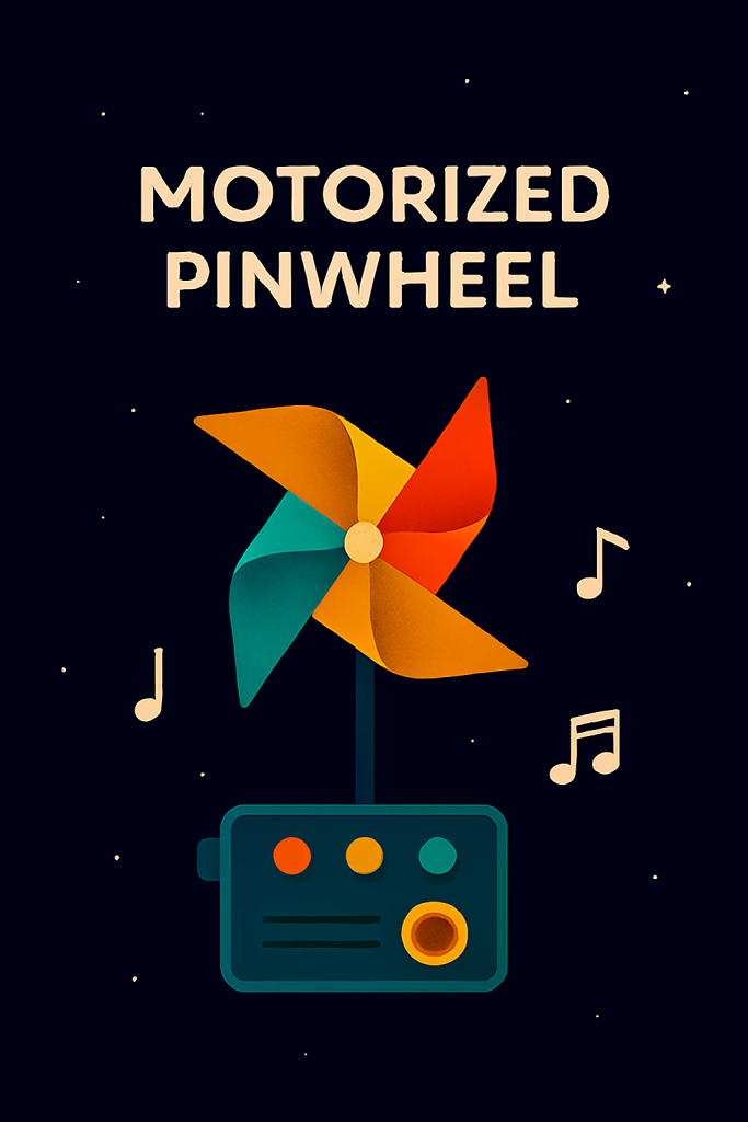 رسم تعليمي لمشروع Motorized Pinwheel باستخدام Arduino، يحتوي على محرك صغير، مروحة ورقية، وأسلاك توصيل، بأسلوب رمزي مبسط