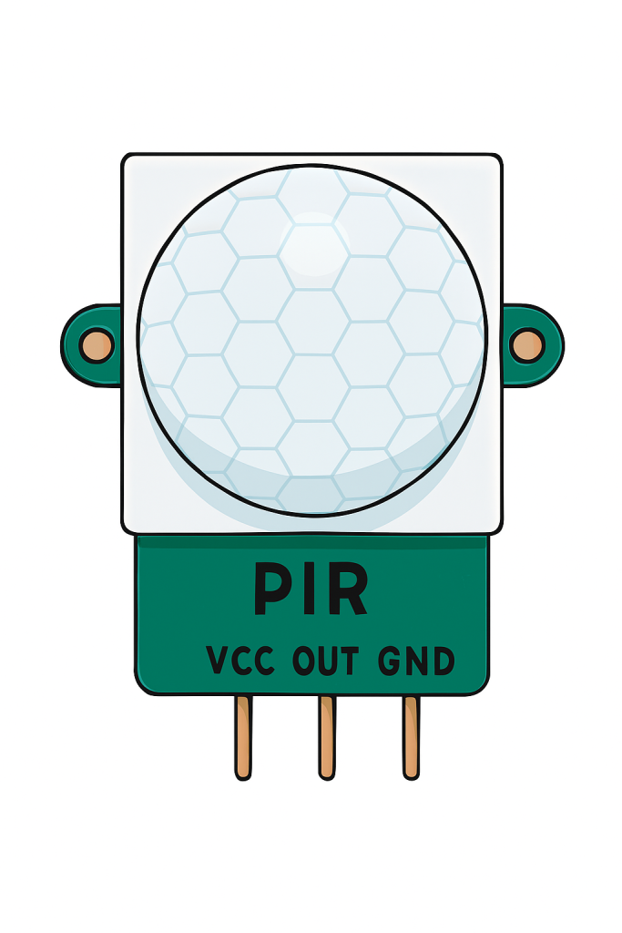 رسم توضيحي لحساس حركة PIR يُظهر العدسة، المستشعر الحراري، دائرة المعالجة، والمقاومات مع توصيله بـ Arduino Uno" 