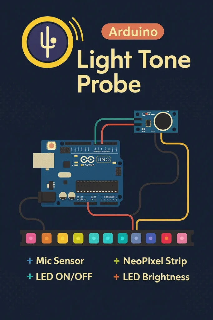 تُجسد لوحة أردوينو متصلة بحساس صوت وشريط NeoPixel مضيء بألوان متعددة، على خلفية رمزية داكنة، مع موجات صوتية وضوئية ونقوش عربية خفيفة في الزوايا.